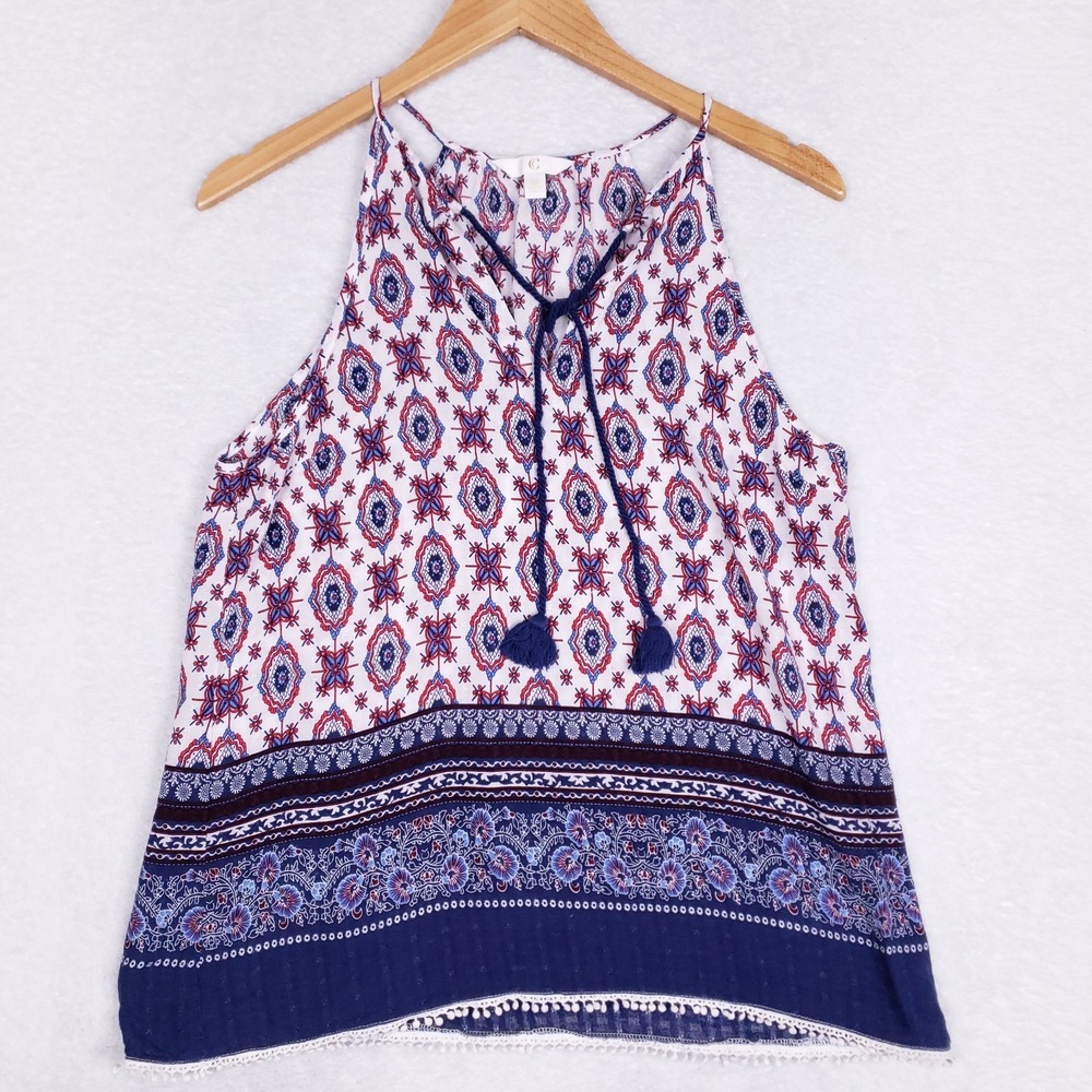 C‎ Boho Tank Top Size M Red Blue Print Tassel Tie Indie Summer Festival Look